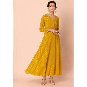 House Of Indya Foil Mirror Work Angrakha Kurta Yellow - S